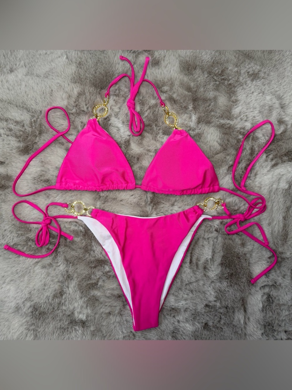 NWOT - Hot Pink String Bikini with Gold Ring Accents